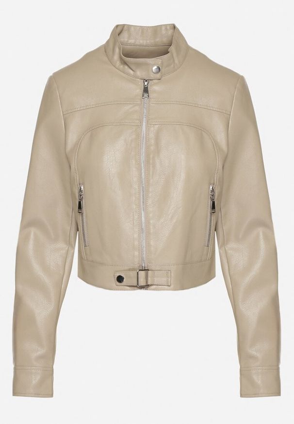 Born2be - Ciemnobeżowa Kurtka Ramoneska w Motocyklowym Stylu z Klamerką Terlia. Okazja: na co dzień. Kolor: beżowy. Materiał: jeans, poliester. Styl: klasyczny, casual