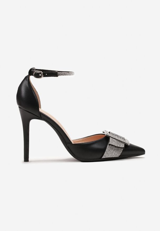 Renee - Czarne Sandały na Szpilce z Noskami w Szpic Ozdobione Klamrą i Cyrkoniami Lutefia. Zapięcie: klamry. Kolor: czarny. Wzór: aplikacja. Obcas: na szpilce