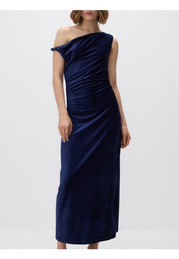Reserved - Welurowa sukienka maxi - granatowy. Kolor: niebieski. Materiał: welur. Typ sukienki: proste. Długość: maxi