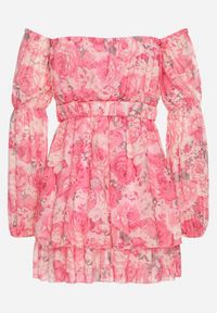 Born2be - Różowa Wiskozowa Sukienka Hiszpanka z Falbanami i Paskiem w Kwiaty Virmoi. Okazja: na spacer, na co dzień. Typ kołnierza: dekolt hiszpanka. Kolor: różowy. Materiał: wiskoza. Wzór: kwiaty. Typ sukienki: proste. Styl: casual #7