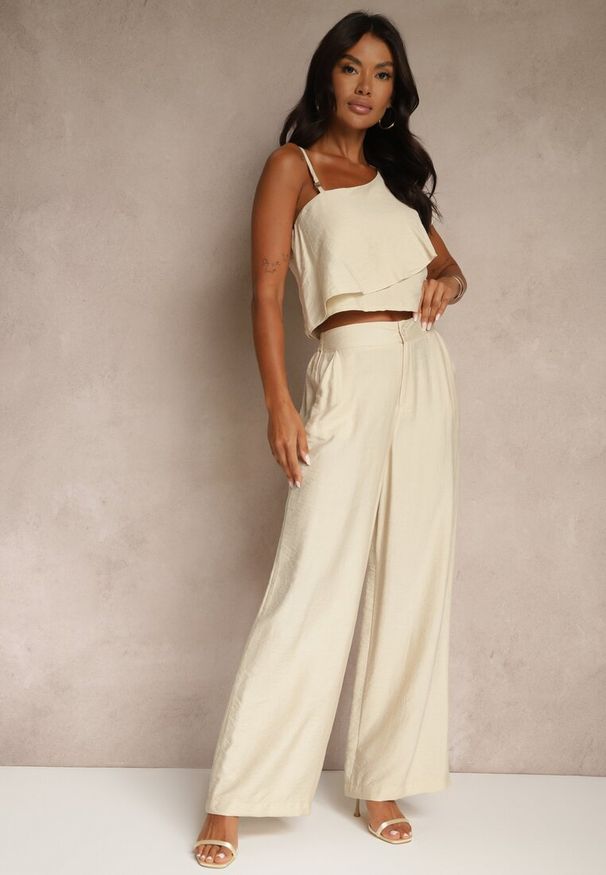 Renee - Beżowy Komplet z Wiskozą Top z Falbanką na Jedno Ramię i Spodnie Wide Leg Nirellea. Kolor: beżowy. Materiał: wiskoza
