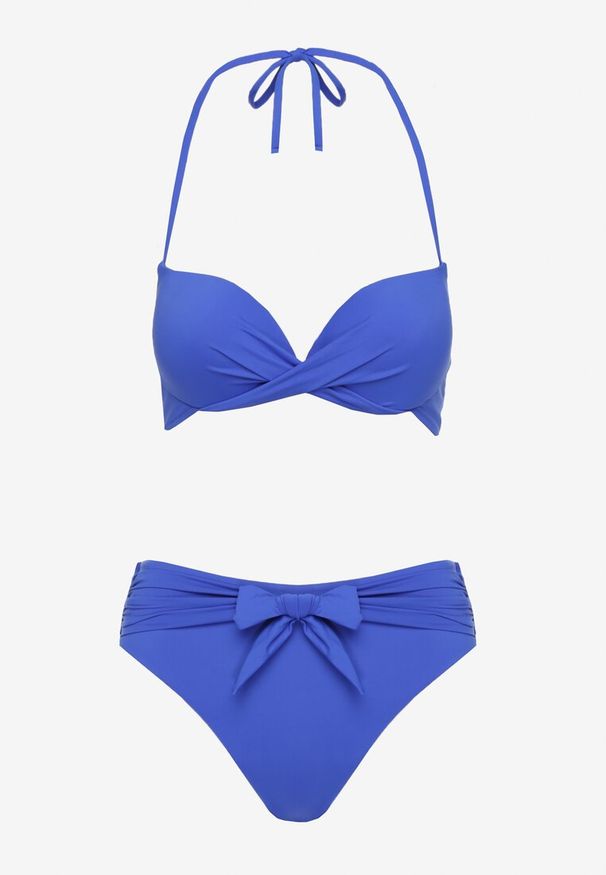 Renee - Niebieskie Bikini Majtki Figi i Biustonosz Ozdobione Wiązaniem Saniorie. Kolor: niebieski. Wzór: aplikacja
