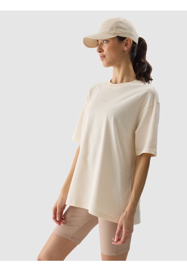 4f - 4F T-shirt oversize gładki damski - kremowy L. Okazja: na co dzień. Kolor: beżowy. Materiał: bawełna, jersey, dzianina. Wzór: gładki. Sezon: lato. Styl: sportowy, klasyczny, casual