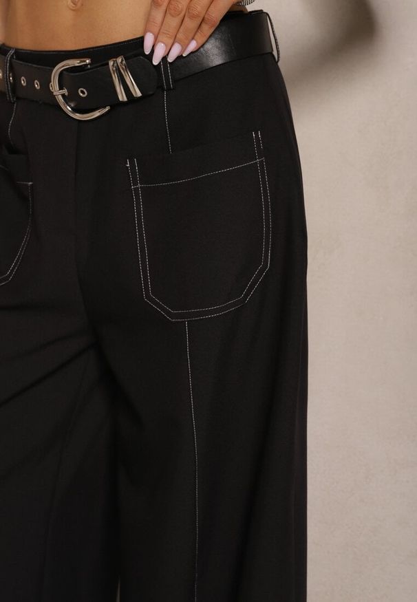Renee - Czarne Szerokie Spodnie High Waist z Wiskozą z Ozdobnymi Przeszyciami Linadia. Okazja: na co dzień. Stan: podwyższony. Kolor: czarny. Materiał: wiskoza. Wzór: aplikacja. Styl: elegancki, casual