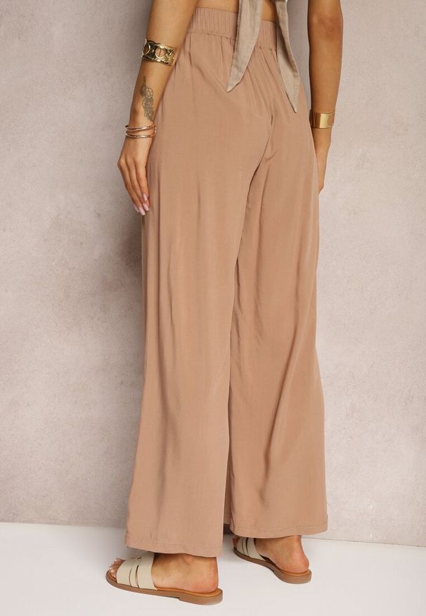 Renee - Beżowe Bawełniane Spodnie Kuloty High Waist z Gumką w Pasie Vimarielle. Okazja: na spotkanie biznesowe, do pracy. Stan: podwyższony. Kolor: beżowy. Materiał: bawełna. Styl: biznesowy, elegancki