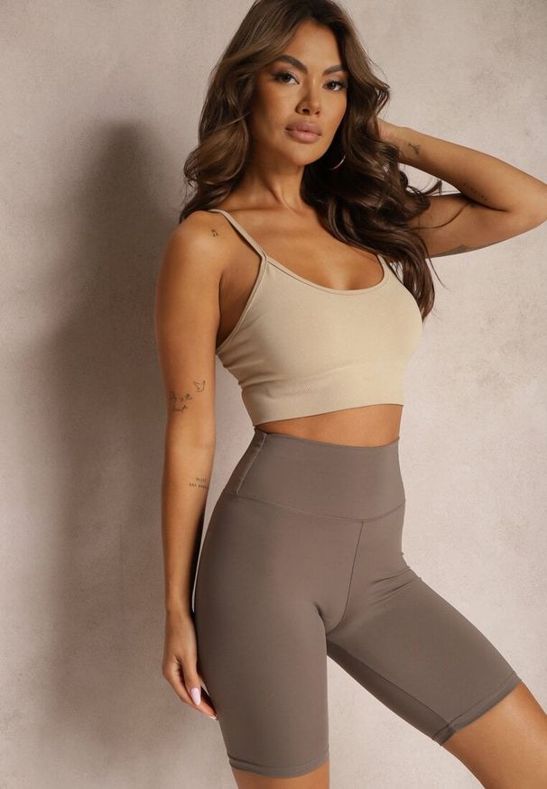 Renee - Brązowe Szorty Kolarki High Waist z Gumką w Talii Xelfea. Stan: podwyższony. Kolor: brązowy. Styl: sportowy