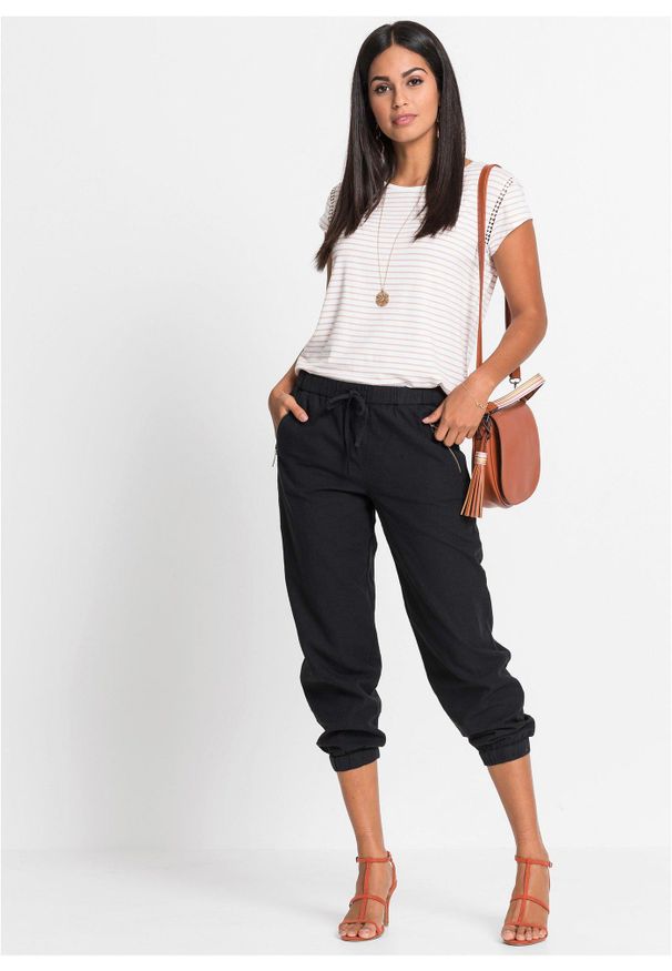 bonprix - Spodnie 7/8 z przewiewnej mieszanki lnu. Kolor: czarny. Materiał: len
