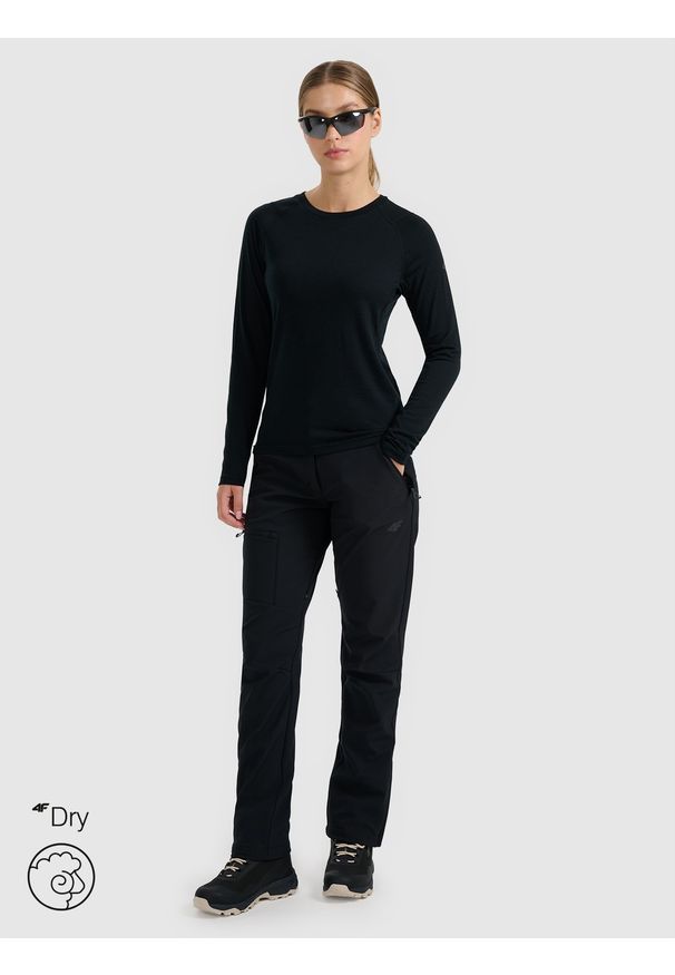 4f - 4F Longsleeve trekkingowy szybkoschnący z wełną merino damski - czarny M. Kolor: czarny. Materiał: wełna. Długość rękawa: długi rękaw. Technologia: Primaloft. Sport: wspinaczka, turystyka piesza