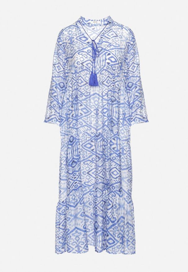 Born2be - Niebieska Rozkloszowana Sukienka w Stylu Boho Wiązana przy Dekolcie z Falbankami Dimasia. Okazja: na spacer. Typ kołnierza: kołnierz z falbankami. Kolor: niebieski. Materiał: materiał. Styl: boho