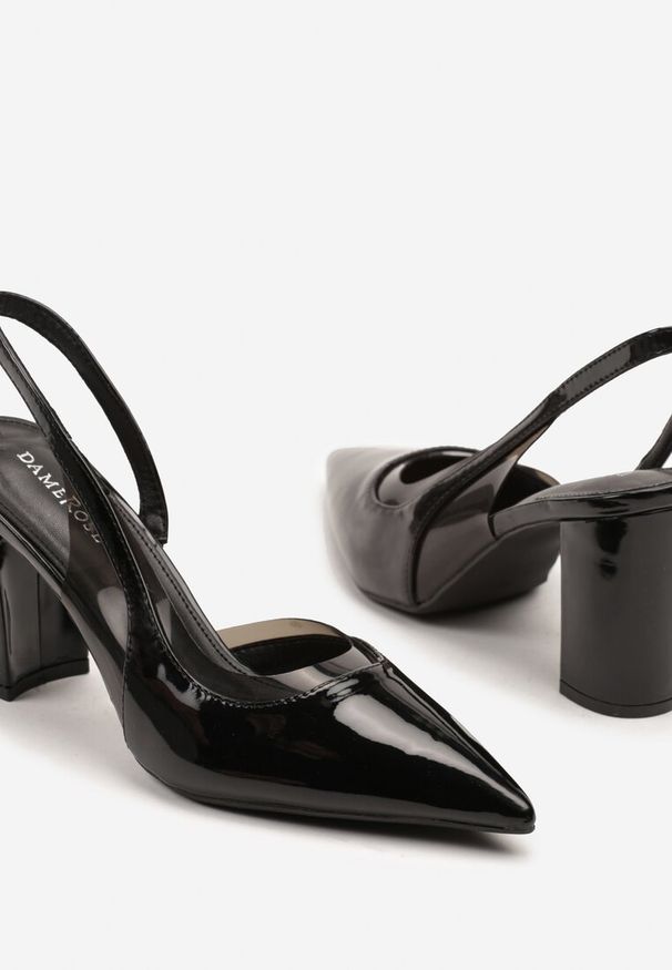 Renee - Czarne Sandały Lakierowane na Słupku typu Slingback Dralzedi. Okazja: na co dzień. Zapięcie: sprzączka. Kolor: czarny. Materiał: lakier. Obcas: na słupku. Styl: casual, klasyczny, elegancki
