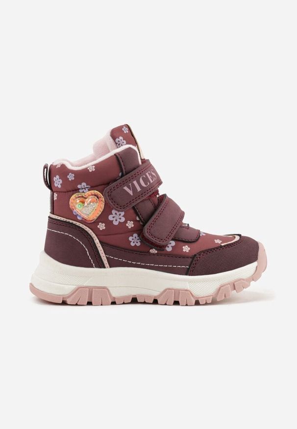 Born2be - Bordowe Botki Vices w Kwiatki z Metalicznym Sercem Nelusea. Okazja: na uczelnię. Zapięcie: rzepy. Kolor: czerwony. Materiał: jeans. Wzór: kwiaty. Styl: elegancki