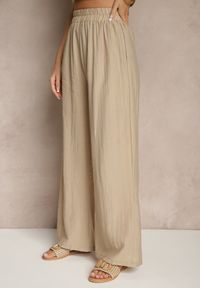Renee - Ciemnobeżowe Wiskozowe Spodnie Palazzo High Waist z Lnem Linaselia. Okazja: na co dzień. Stan: podwyższony. Kolor: beżowy. Materiał: len, wiskoza. Styl: elegancki, casual #3
