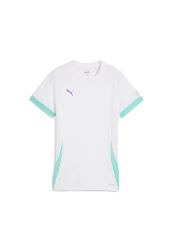 Puma - Damska koszulka do padla INDIVIDUAL PUMA White Purple Glimmer Aquatic Green. Kolor: fioletowy, zielony, biały, wielokolorowy. Wzór: nadruk
