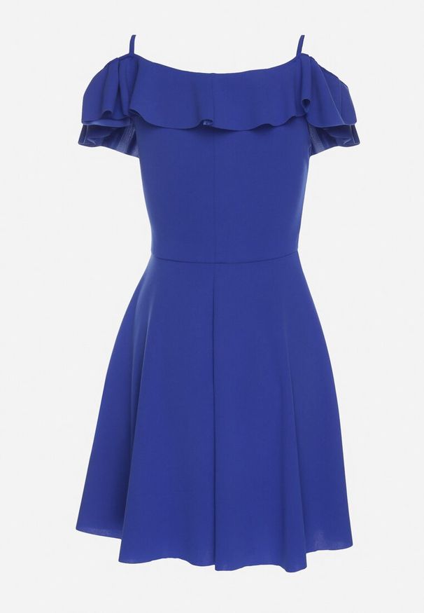 Born2be - Niebieska Sukienka Rozkloszowana na Ramiączkach z Falbankami Polauri. Okazja: na co dzień. Typ kołnierza: kołnierz z falbankami. Kolor: niebieski. Długość rękawa: na ramiączkach. Styl: casual, elegancki, klasyczny