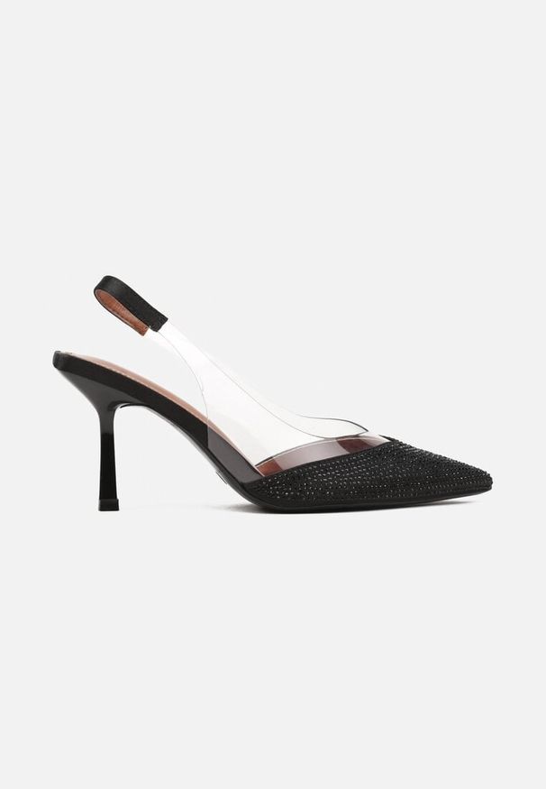 Renee - Czarne Sandały Slingback na Obcasie z Przezroczystą Wstawką i Cyrkoniami Senoreth. Okazja: na imprezę. Kolor: czarny. Materiał: jeans. Obcas: na obcasie. Styl: elegancki. Wysokość obcasa: średni