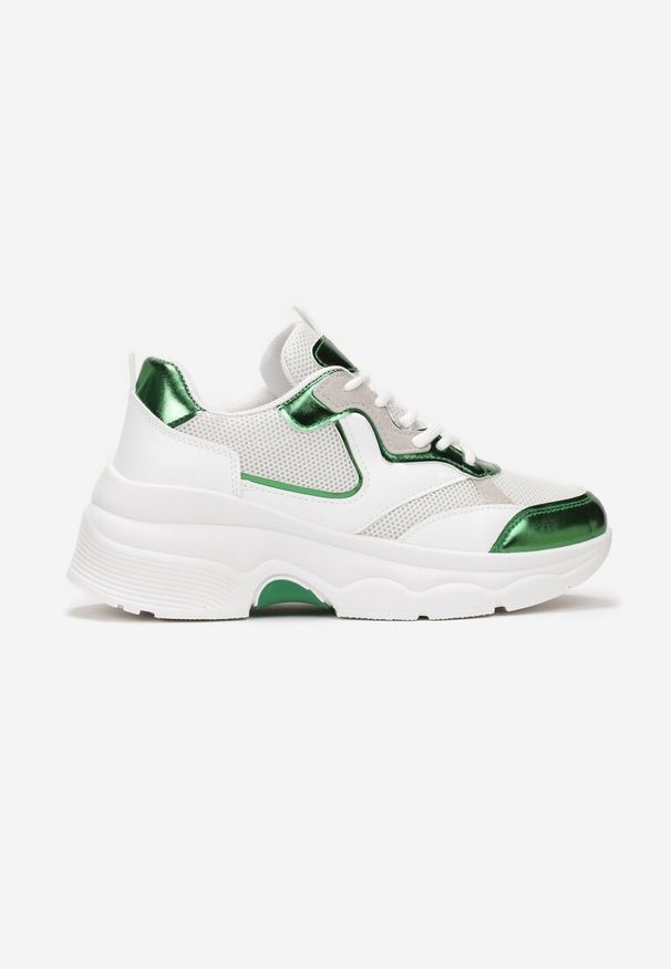 Born2be - Biało-Zielone Sneakersy na Grubej Podeszwie z Lakierowanymi Wstawkami Fryda. Kolor: biały. Materiał: lakier