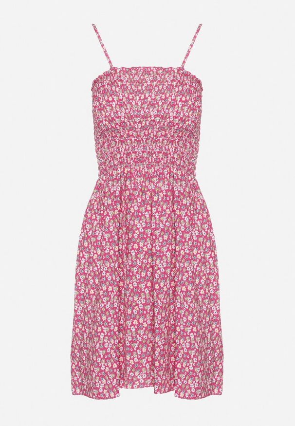 Born2be - Fuksjowa Bawełniana Sukienka na Regulowanych Ramiączkach z Elastycznym Dekoltem Risetta. Kolor: różowy. Materiał: bawełna. Długość rękawa: na ramiączkach. Wzór: kwiaty. Sezon: wiosna, lato