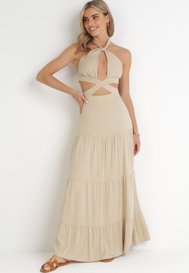 Born2be - Beżowa Rozkloszowana Sukienka z Wycięciami i Wiązaniem Abisal. Kolor: beżowy