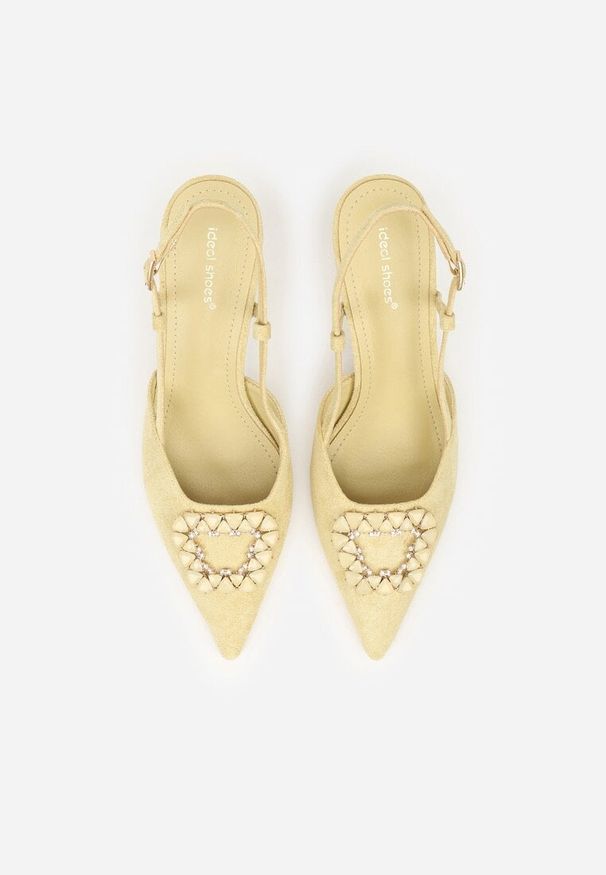 Born2be - Żółte Sandały na Szpilce z Cyrkoniową Klamrą Elinvyra. Okazja: na co dzień. Zapięcie: klamry. Kolor: żółty. Materiał: jeans, satyna. Wzór: kwiaty, aplikacja. Obcas: na szpilce. Styl: wizytowy, casual