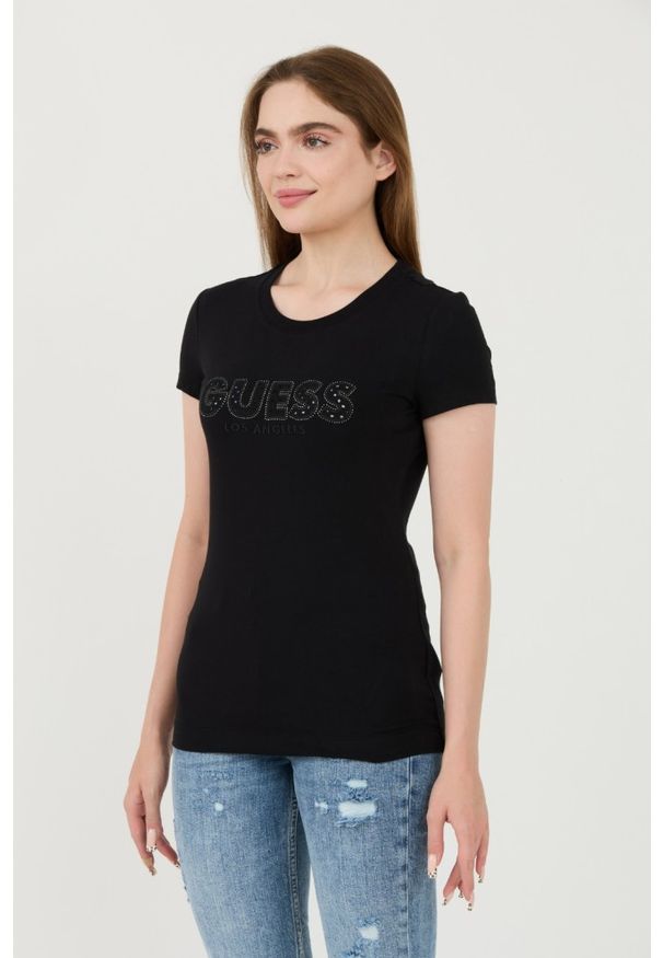 Guess - GUESS Czarny damski t-shirt Sangallo Tee, Rozmiar M. Kolor: czarny
