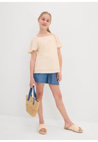 bonprix - Bluzka shirtowa z ażurowym haftem. Kolor: beżowy. Wzór: ażurowy, haft