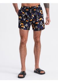 Ombre Clothing - Szorty męskie kąpielówki w tukany - czarno-granatowe V1 - Rozmiar: L. Okazja: na plażę. Kolor: niebieski. Materiał: poliester, materiał