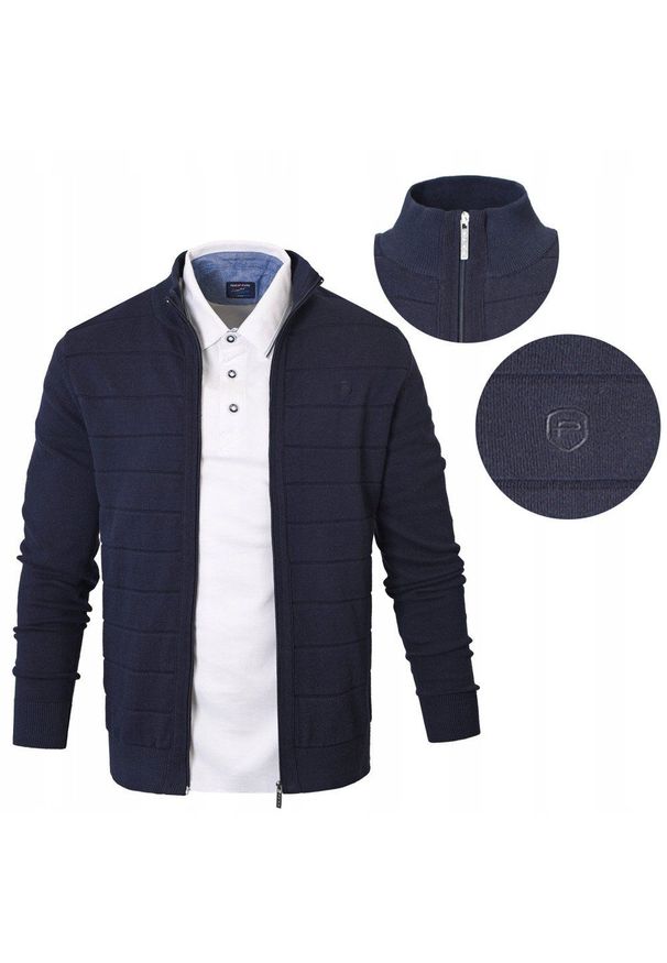 Rozpinany Sweter Męski (Kardigan) - Pako Jeans - Granatowy. Kolor: niebieski. Materiał: bawełna