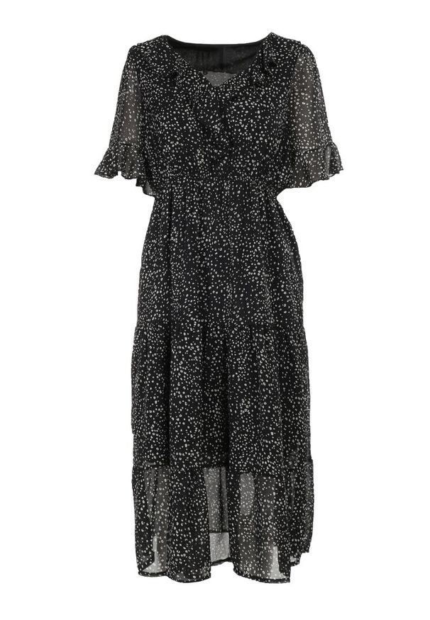 Born2be - Czarna Sukienka Nereibelle. Typ kołnierza: kołnierz z falbankami. Kolor: czarny. Wzór: aplikacja, kropki. Styl: vintage. Długość: midi