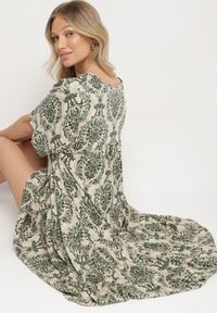 Born2be - Ciemnozielona Sukienka z Bawełną w Abstrakcyjny Wzór Filindela. Okazja: na spacer, na co dzień. Kolor: zielony. Materiał: bawełna. Wzór: aplikacja. Styl: elegancki, casual, klasyczny #2