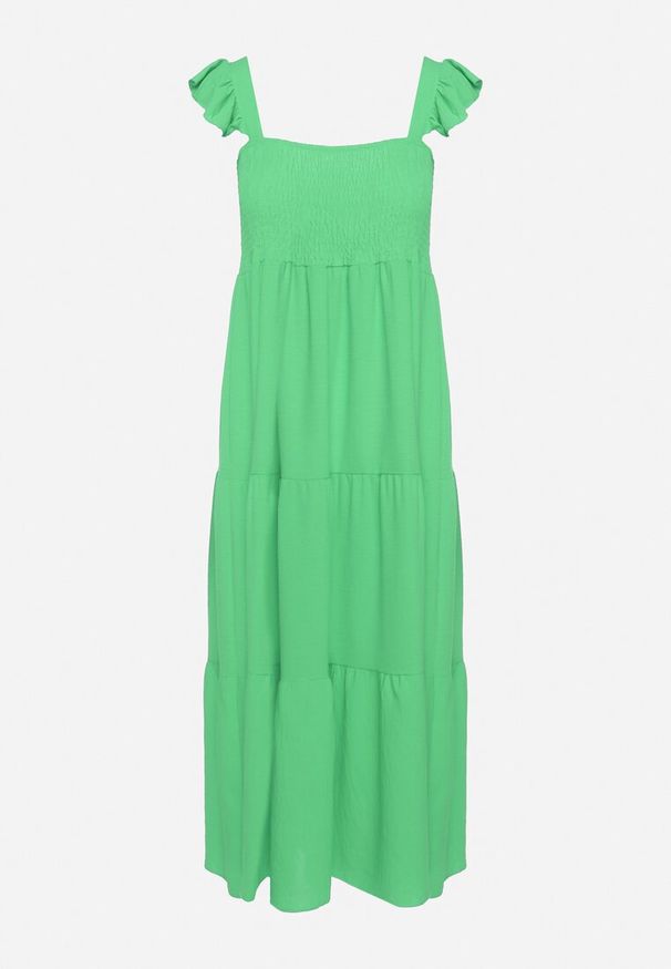 Born2be - Zielona Sukienka na Ramiączkach z Falbankami o Rozkloszowanym Kroju Ebisena. Okazja: na co dzień. Typ kołnierza: kołnierz z falbankami. Kolor: zielony. Materiał: jeans. Długość rękawa: na ramiączkach. Wzór: aplikacja, bez wzorów. Typ sukienki: proste. Styl: casual, elegancki