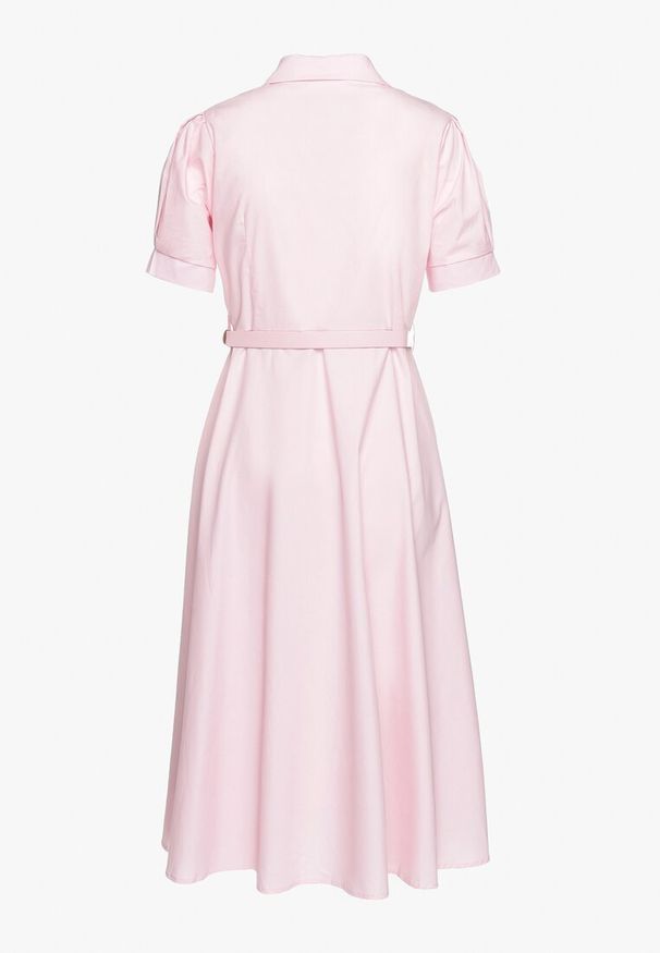 Born2be - Różowa Sukienka z Koronką i Ozdobnym Paskiem oraz Kołnierzykiem Gavridia. Okazja: do pracy, na co dzień. Kolor: różowy. Materiał: koronka. Długość rękawa: krótki rękaw. Wzór: koronka. Typ sukienki: proste. Styl: elegancki, casual, klasyczny, wizytowy