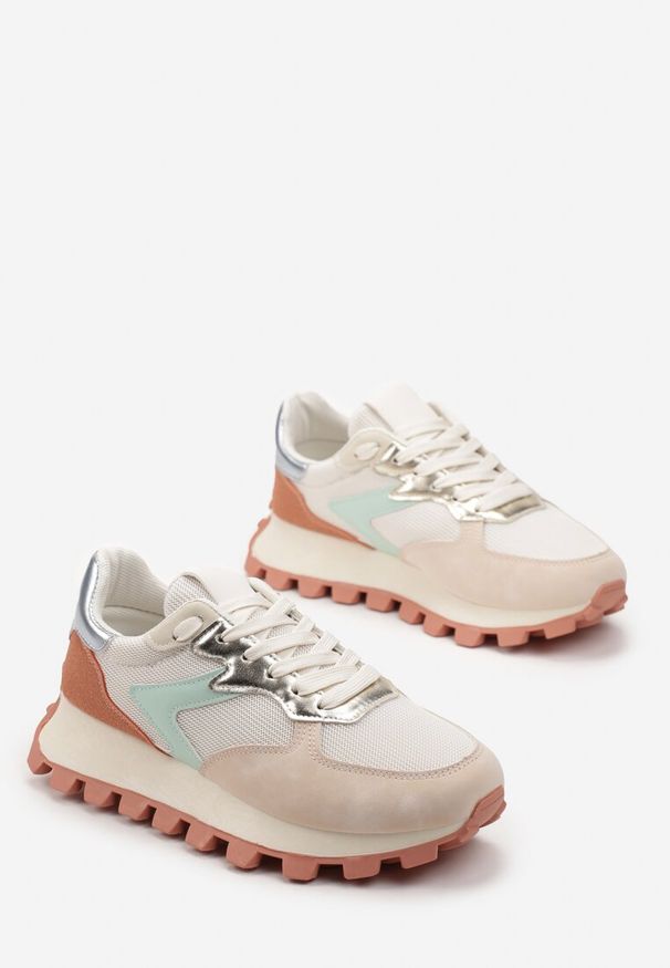 Born2be - Pomarańczowe Sneakersy na Grubej Podeszwie z Metalicznym Wstawkami i Przeszyciami Vinale. Kolor: beżowy, pomarańczowy