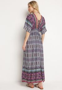 Born2be - Fioletowa Boho Sukienka z Szerokimi Rękawami z Gumką w Pasie i Wiązaniem na Plecach Piomina. Typ kołnierza: choker, dekolt w kształcie V. Kolor: fioletowy. Wzór: aplikacja. Styl: boho #3