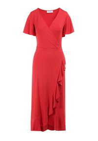 Born2be - Czerwona Sukienka Aediala. Okazja: na randkę, na imprezę, na co dzień. Kolor: czerwony. Materiał: tkanina, wiskoza. Długość rękawa: krótki rękaw. Typ sukienki: kopertowe. Styl: casual. Długość: midi #4