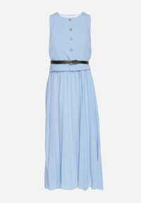 Born2be - Niebieska Sukienka Bez Rękawów z Plisami i Paskiem z Klamrą Iffale. Okazja: na co dzień, na spacer. Kolor: niebieski. Długość rękawa: bez rękawów. Styl: klasyczny, casual #4