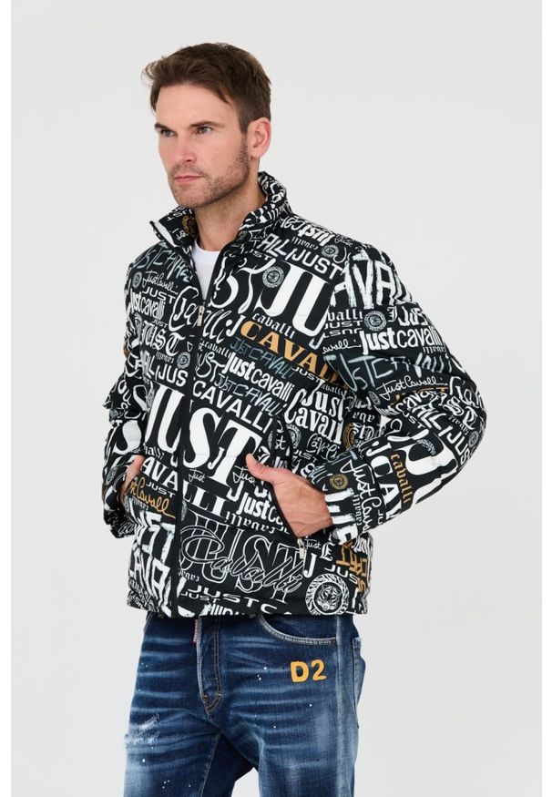 Just Cavalli - JUST CAVALLI Czarna męska kurtka Print Lettering, Rozmiar 50. Kolor: czarny. Wzór: nadruk
