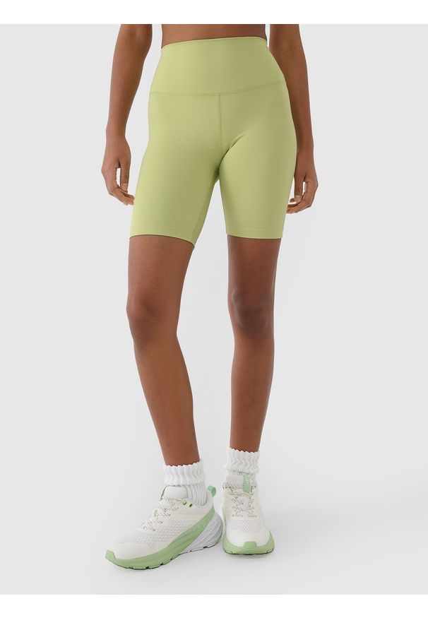 4f - 4F Legginsy kolarki treningowe damskie - zielone XS. Stan: podwyższony. Kolor: zielony. Materiał: dzianina, włókno, syntetyk, materiał, elastan. Długość: krótkie. Wzór: gładki, ze splotem, jednolity. Sport: fitness