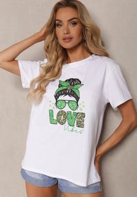 Renee - Biało-Zielony T-shirt z Bawełny Ozdobiony Nadrukiem Tarvilla. Kolor: biały. Materiał: bawełna. Wzór: aplikacja, nadruk. Sezon: lato #2