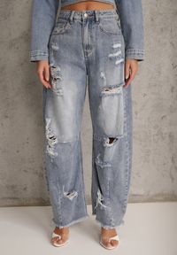 Renee - Niebieskie Jeansy z Bawełny Balloon High Waist z Przedarciami Taeryre. Okazja: na co dzień, na imprezę. Stan: podwyższony. Kolor: niebieski. Styl: casual #6