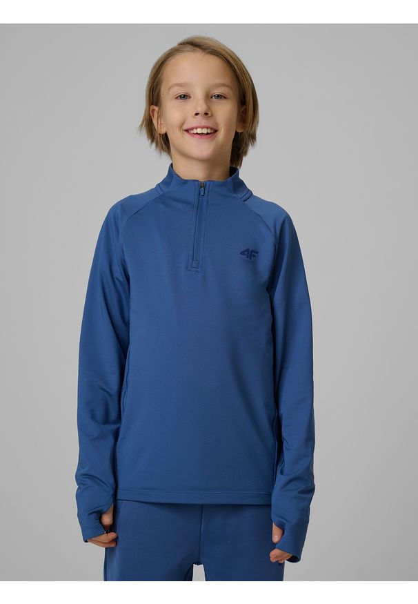 4f - 4F Bluza sportowa slim bez kaptura chłopięca - granatowa 146/152 (10-12 lat). Typ kołnierza: bez kaptura. Kolor: niebieski. Długość rękawa: raglanowy rękaw. Sezon: lato. Styl: sportowy