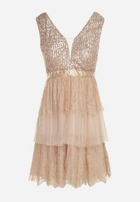 Born2be - Beżowa Rozkloszowana Sukienka Mini z Tiulowym Dołem i Cekinami Uriella. Kolor: beżowy. Materiał: tiul. Wzór: koronka. Długość: mini #7