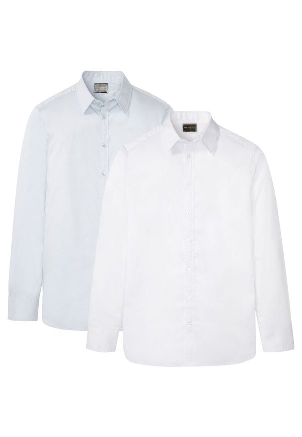 Koszula męska niewymagająca prasowania, Slim Fit (2 szt.) bonprix biały + pudrowy niebieski. Kolor: biały. Styl: elegancki