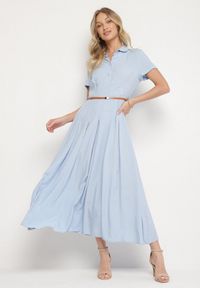 Born2be - Niebieska Wiskozowa Sukienka o Koszulowym Fasonie z Wąskim Paskiem Fillamea. Kolor: niebieski. Materiał: wiskoza. Wzór: aplikacja. Typ sukienki: koszulowe. Styl: elegancki