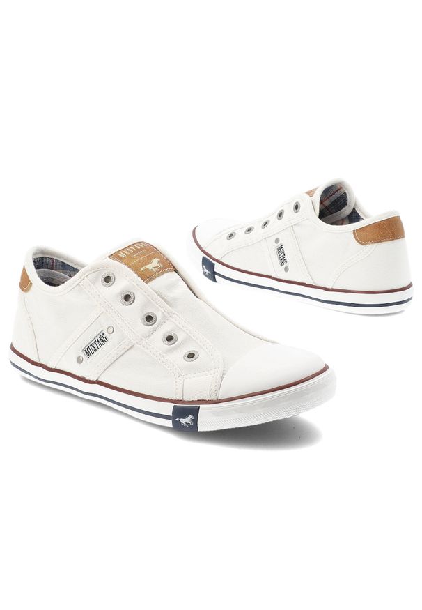 Trampki damskie Mustang, cholewka z materiału wsuwana konstrukcja z elastycznymi wstawkami klasyczna forma niska podeszwa zapewniająca komfort na co. Okazja: na co dzień, na spacer. Kolor: biały. Materiał: materiał. Szerokość cholewki: normalna. Styl: klasyczny