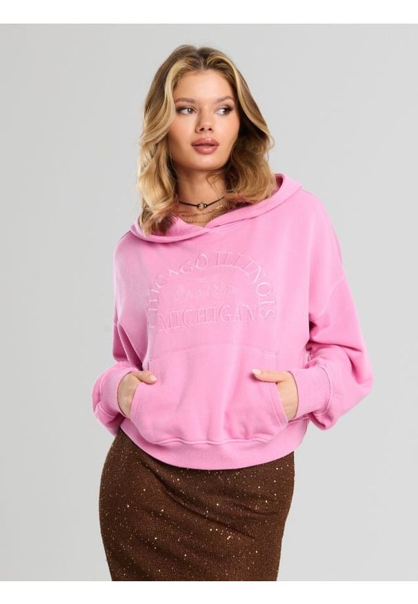 Sinsay - Bluza hoodie z haftowanym napisem - różowy. Kolor: różowy. Wzór: napisy, haft