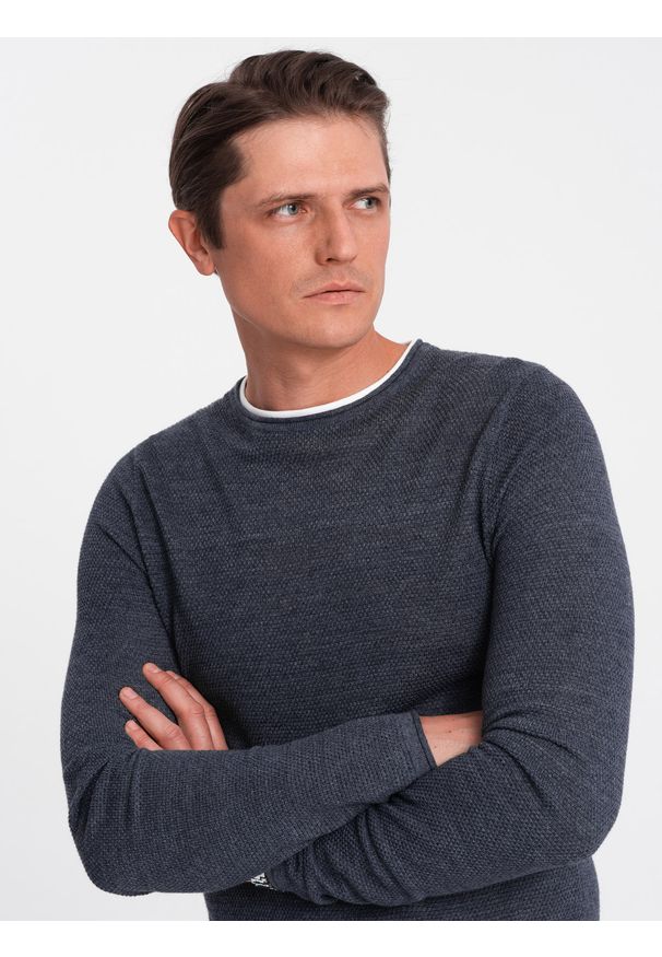 Ombre Clothing - Bawełniany sweter męski z okrągłym dekoltem - granatowy melanż V3 - Rozmiar: L. Kolor: niebieski. Materiał: bawełna. Wzór: melanż. Styl: klasyczny