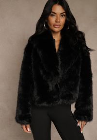 Renee - Czarna Kurtka Futerko Ozdobione Kołnierzem Wedarea. Okazja: na imprezę. Kolor: czarny. Materiał: futro. Wzór: aplikacja. Styl: elegancki #2