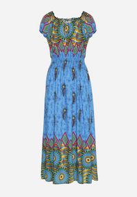 Born2be - Niebieska Bawełniana Sukienka w Etno Wzór z Gumką w Talii i Hiszpańskim Dekoltem Orose. Okazja: na co dzień. Kolor: niebieski. Materiał: bawełna. Wzór: aplikacja. Typ sukienki: proste. Styl: etno. Długość: maxi #2