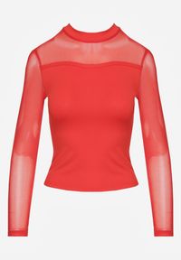 Renee - Czerwona Bluzka Golf Vices z Przezroczystymi Rękawami Kariale. Okazja: na co dzień. Typ kołnierza: golf. Kolor: czerwony. Materiał: jeans. Styl: casual, elegancki #3