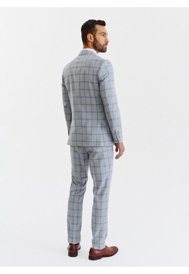 Pako Lorente - PAKO LORENTE – Szare spodnie garniturowe w niebiesko-białą kratę. Kolor: szary, biały, niebieski, wielokolorowy. Materiał: poliester, elastan, wiskoza